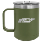 Laser etched olive green 15 oz vacuum insulated coffee mug with 'Tennessee Home' design