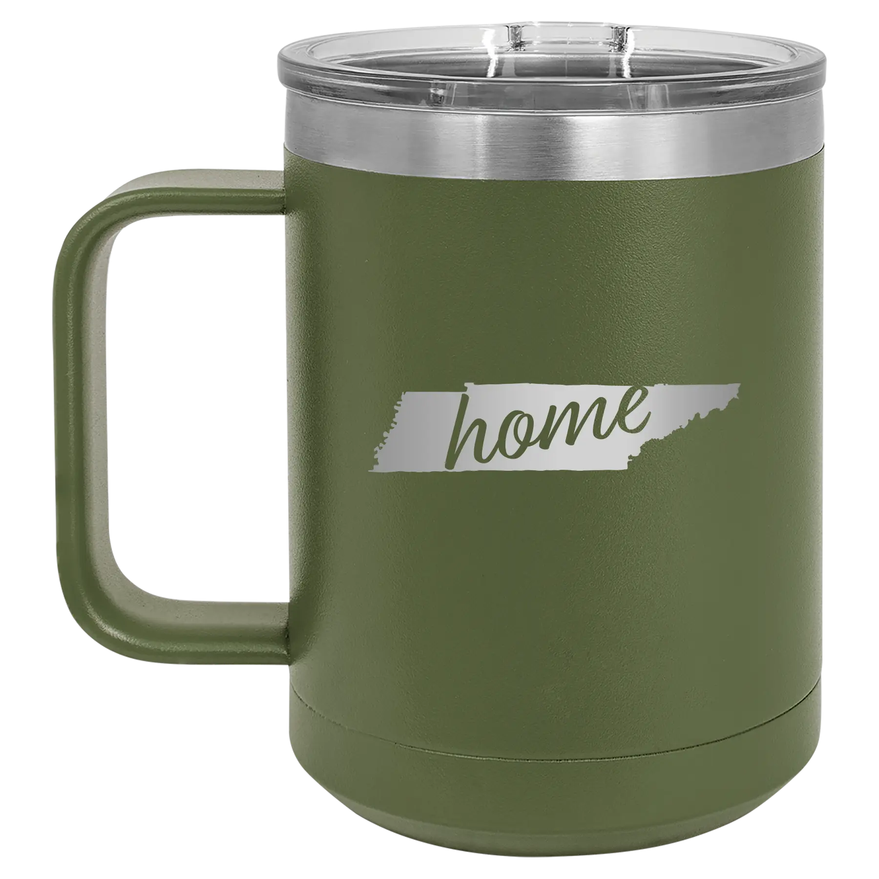Laser etched olive green 15 oz vacuum insulated coffee mug with 'Tennessee Home' design