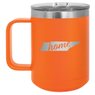 Laser etched orange 15 oz vacuum insulated coffee mug with 'Tennessee Home' design