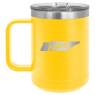 Laser etched yellow 15 oz vacuum insulated coffee mug with 'Tennessee Home' design