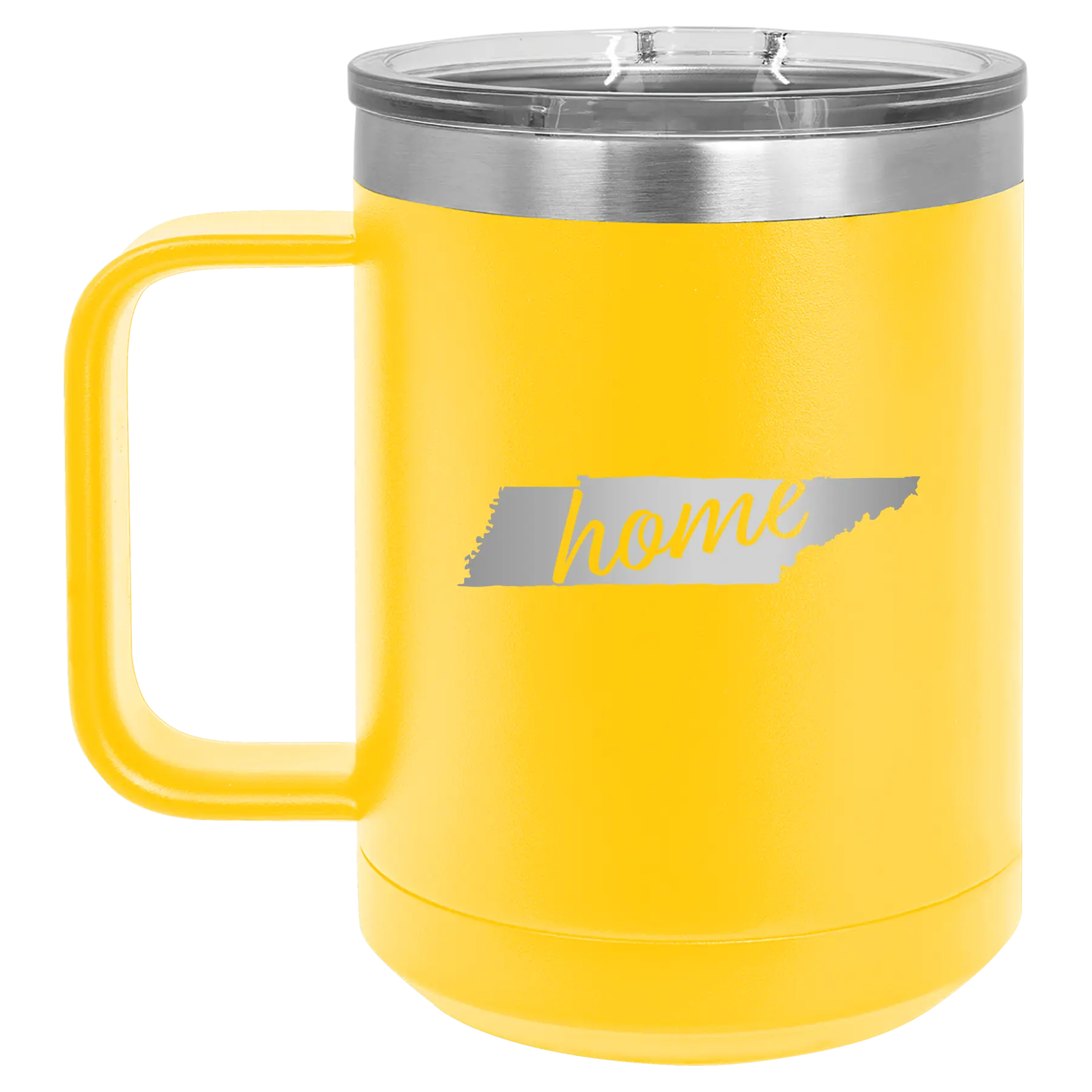 Laser etched yellow 15 oz vacuum insulated coffee mug with 'Tennessee Home' design