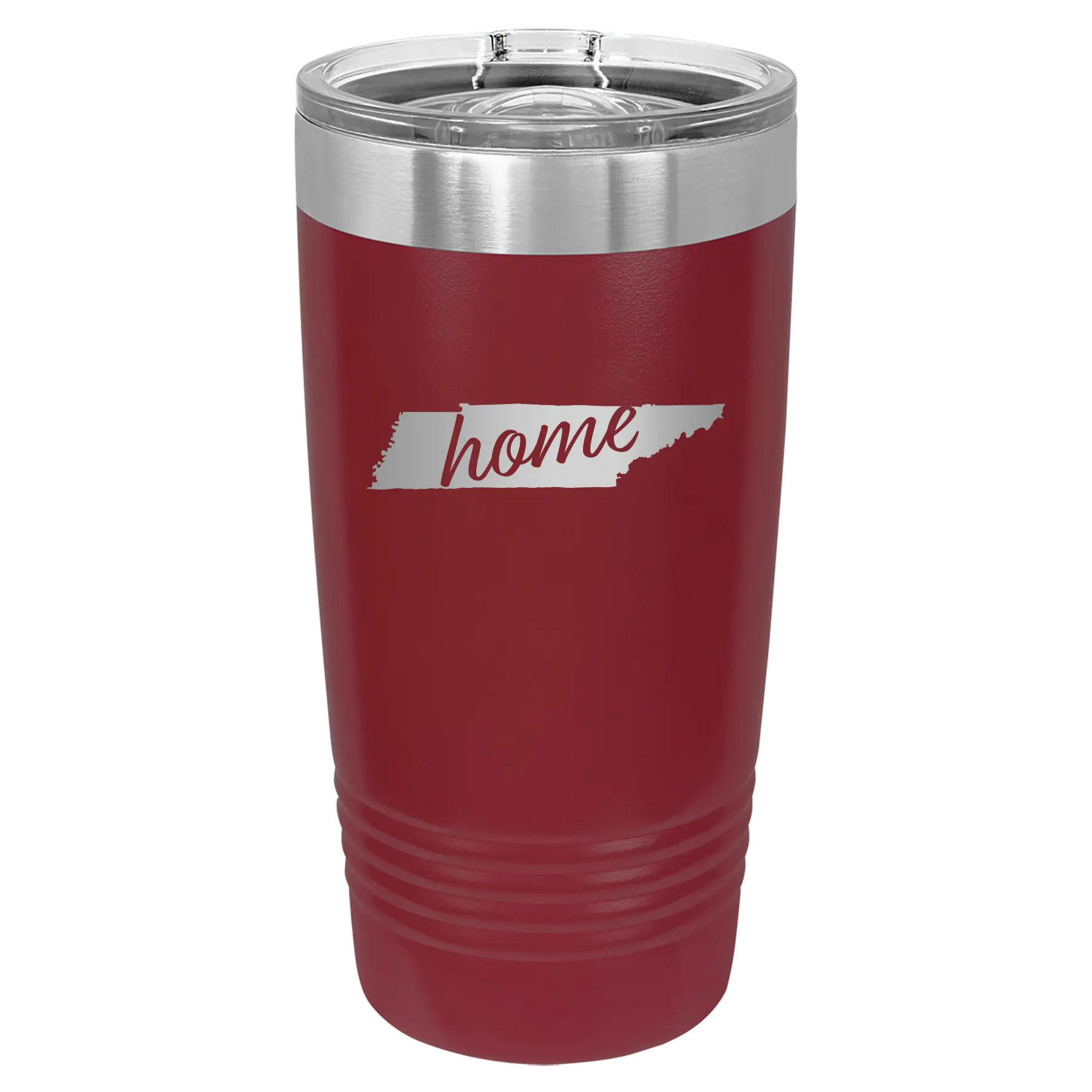 Laser etched maroon 20 oz vacuum insulated tumbler with 'Tennessee Home' design