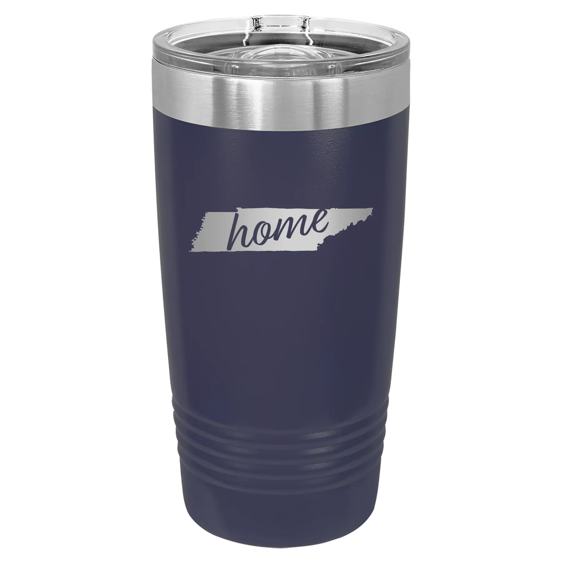 Laser etched navy 20 oz vacuum insulated tumbler with 'Tennessee Home' design
