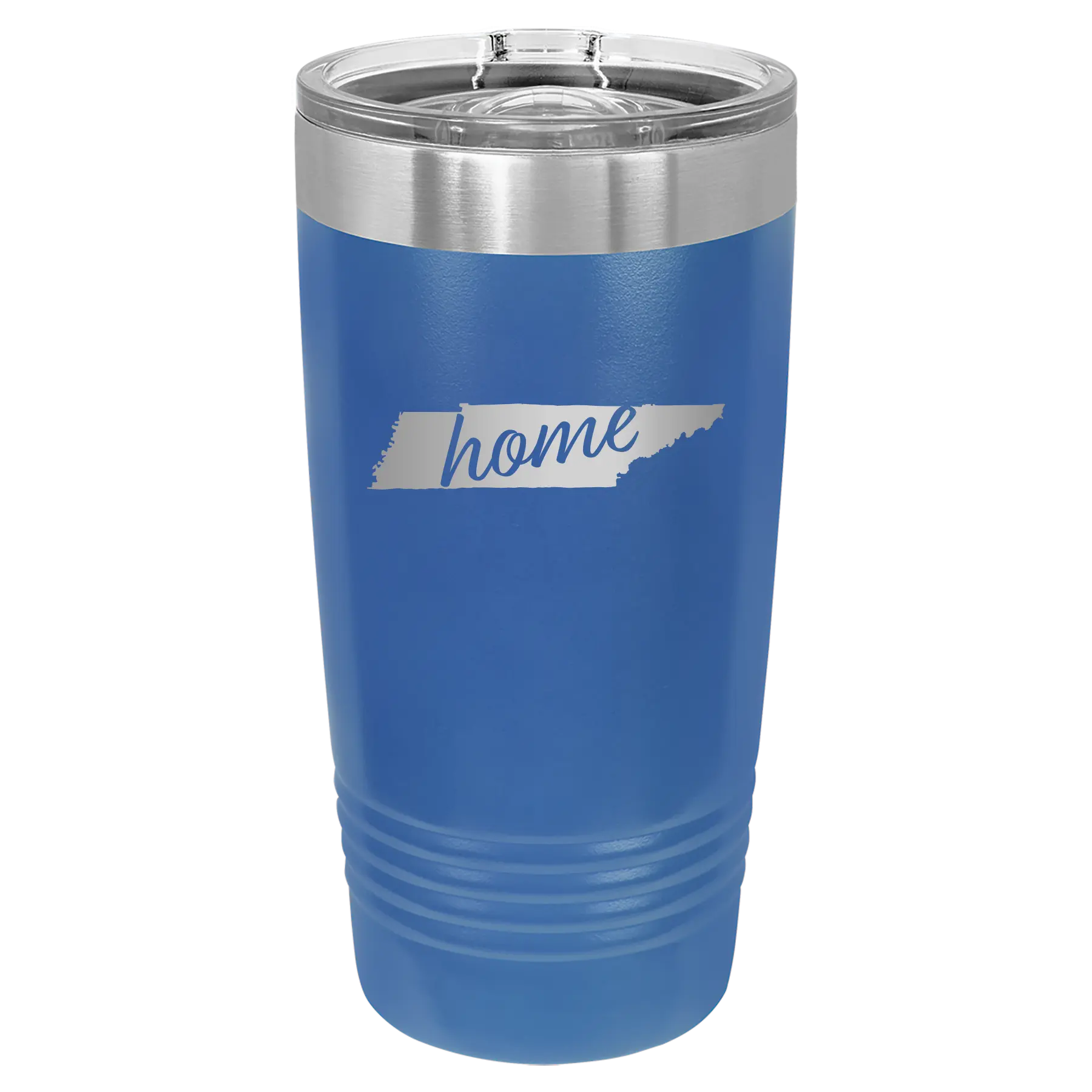 Laser etched royal blue 20 oz vacuum insulated tumbler with 'Tennessee Home' design