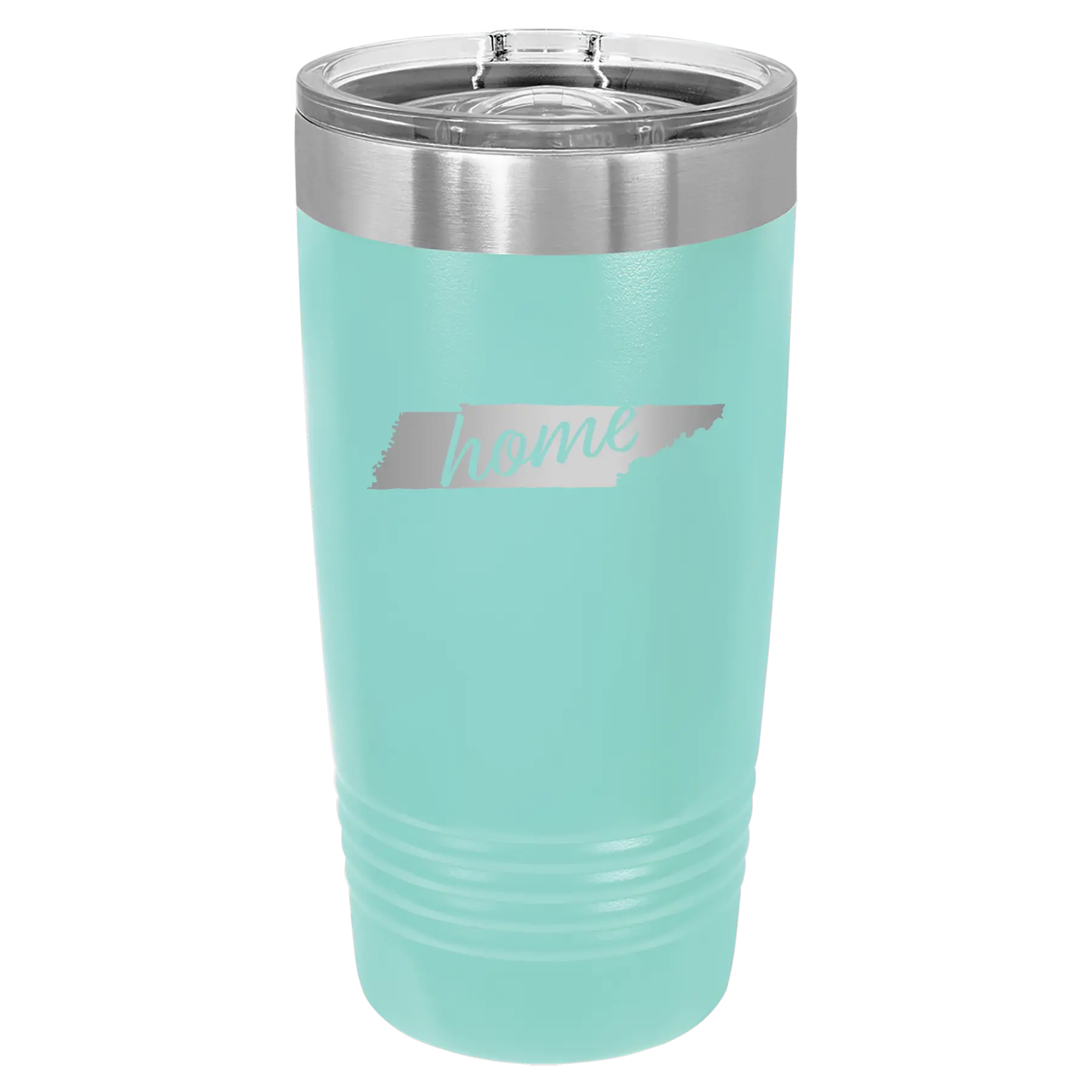 Laser etched teal 20 oz vacuum insulated tumbler with 'Tennessee Home' design