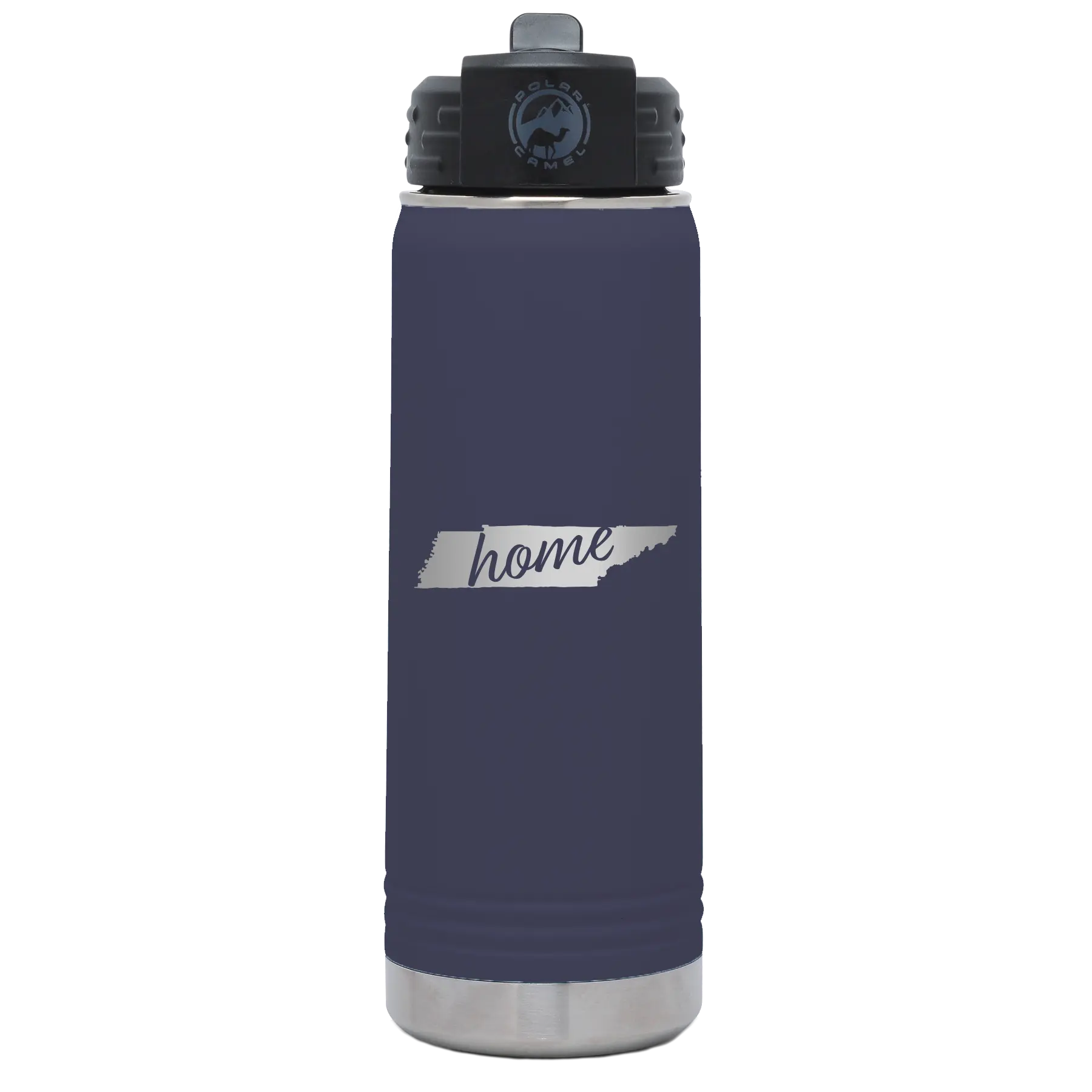 Laser etched navy 20 oz vacuum insulated water bottle with 'Tennessee Home' design