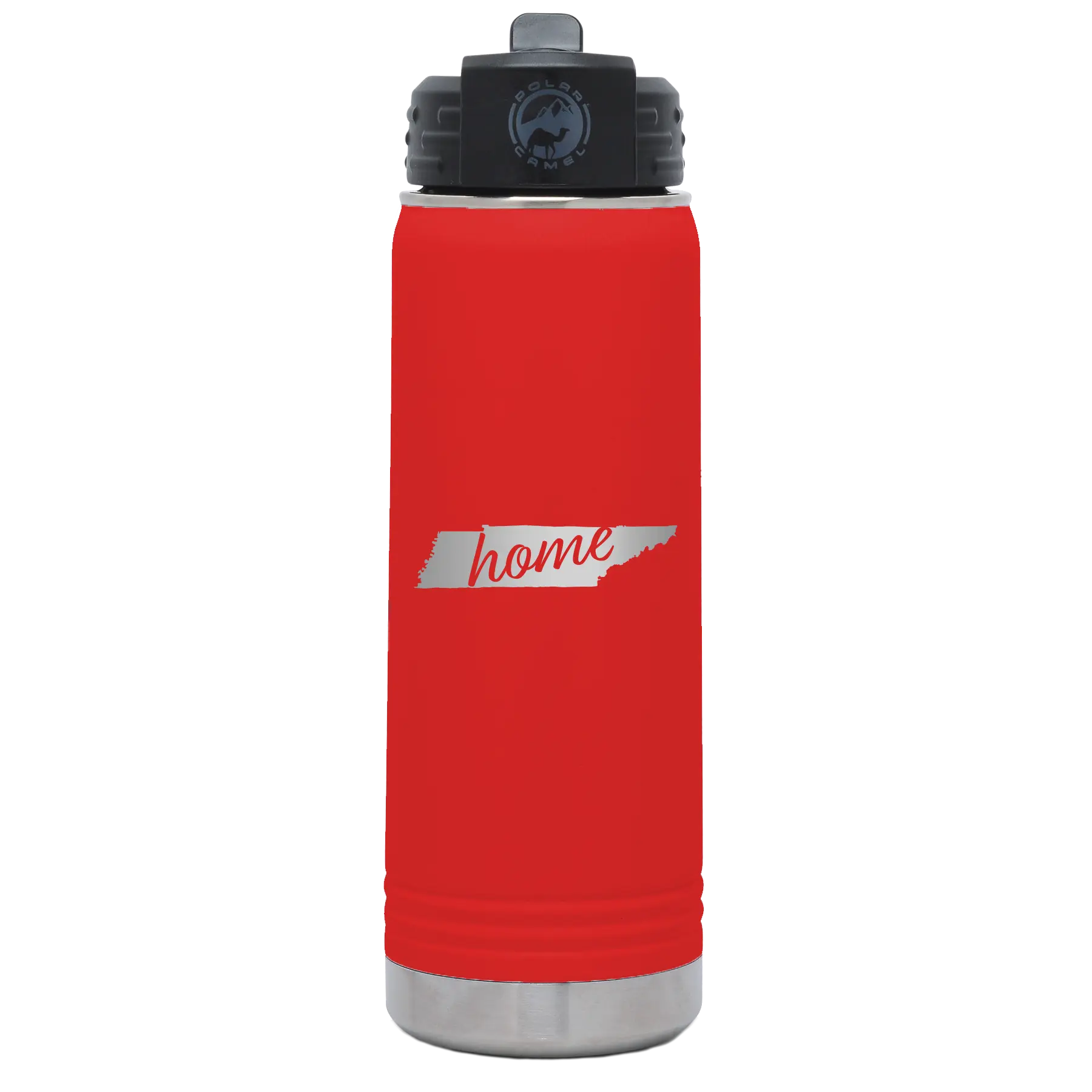 Laser etched red 20 oz vacuum insulated water bottle with 'Tennessee Home' design