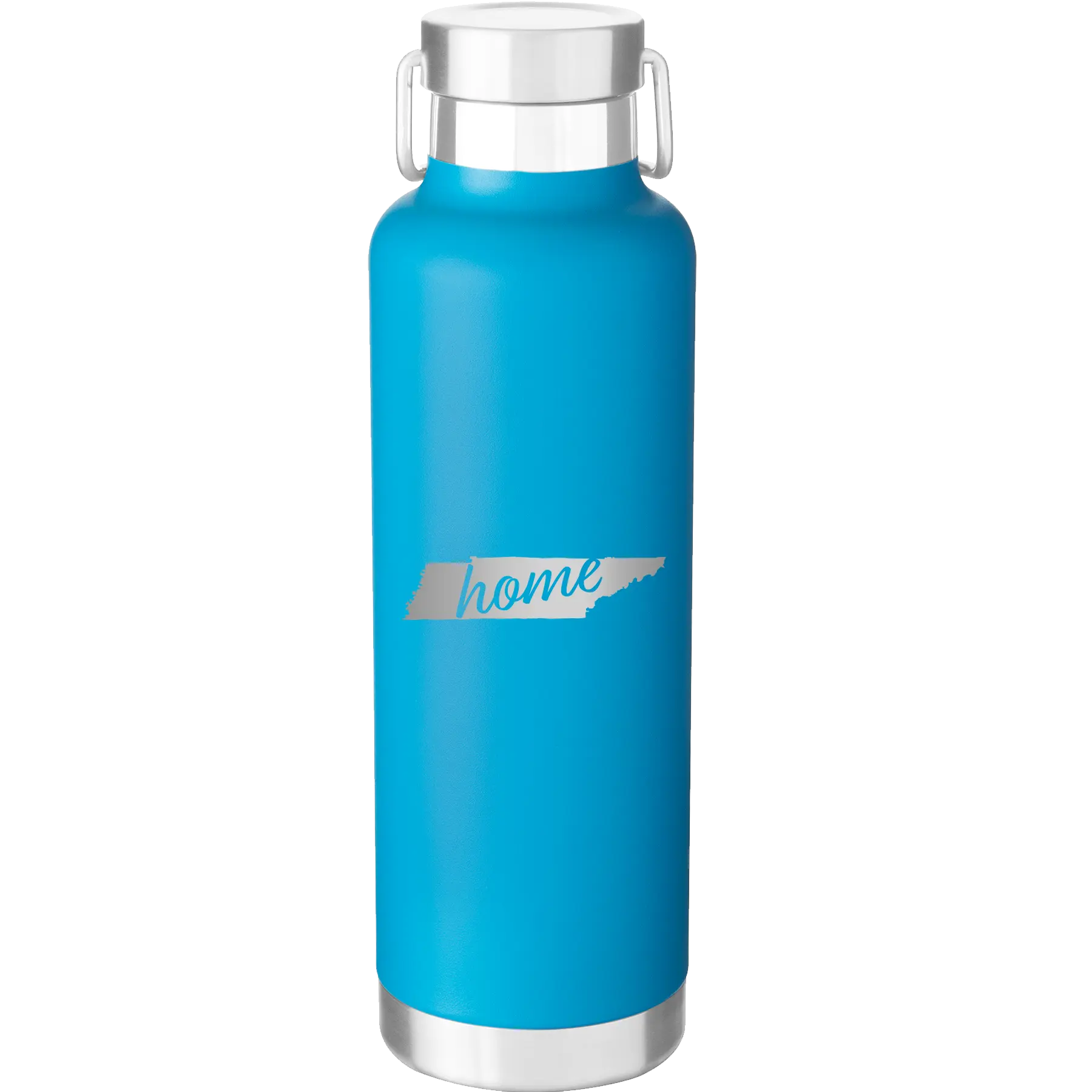 Laser etched aqua 24 oz vacuum insulated water bottle with 'Tennessee Home' design
