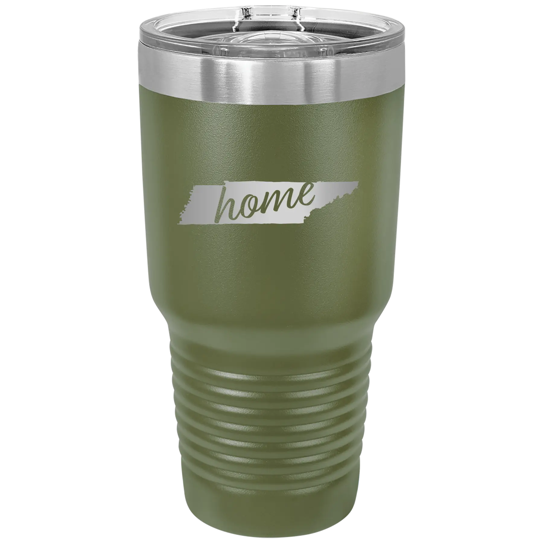 Laser etched olive green 30 oz vacuum insulated tumbler with 'Tennessee Home' design