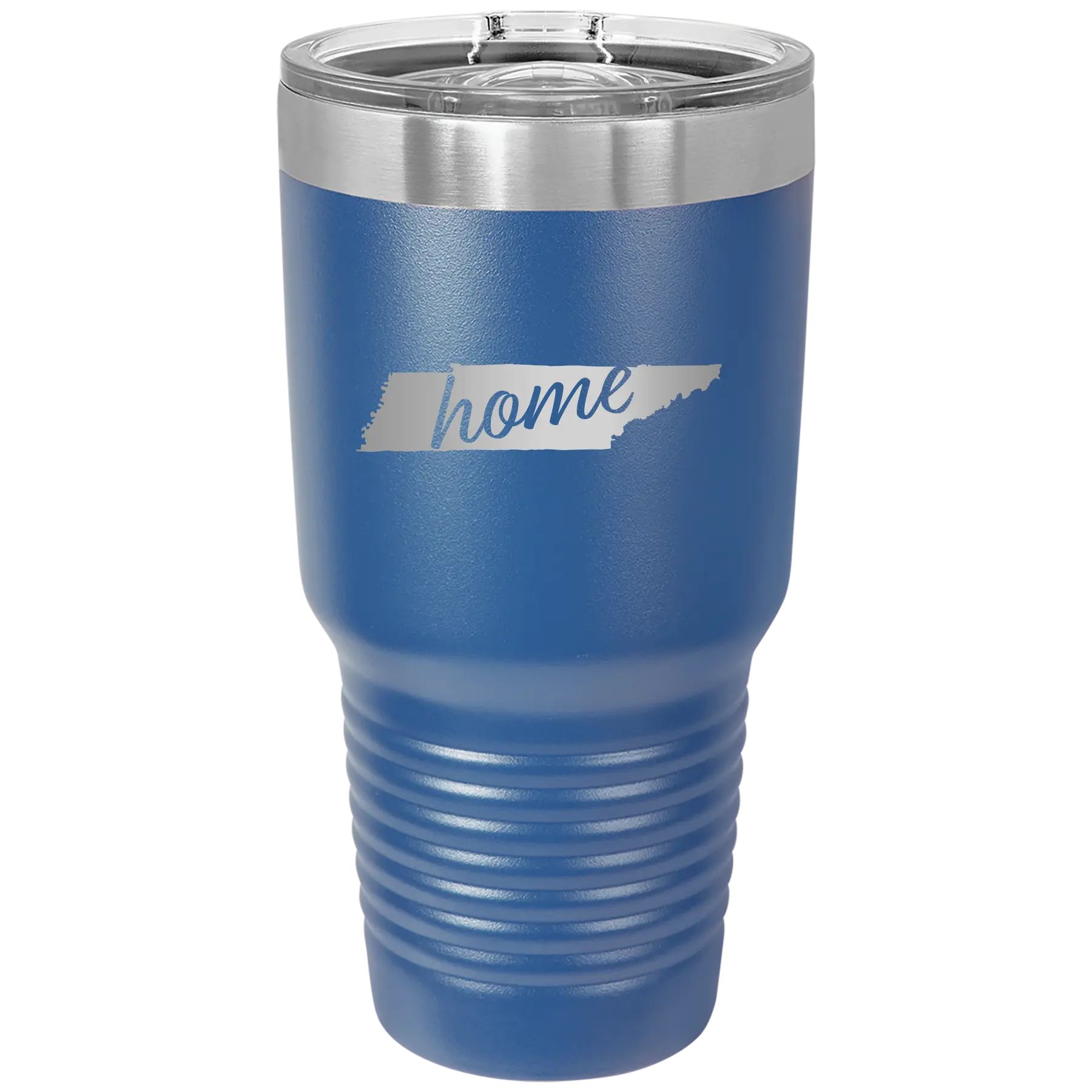 Laser etched royal blue 30 oz vacuum insulated tumbler with 'Tennessee Home' design