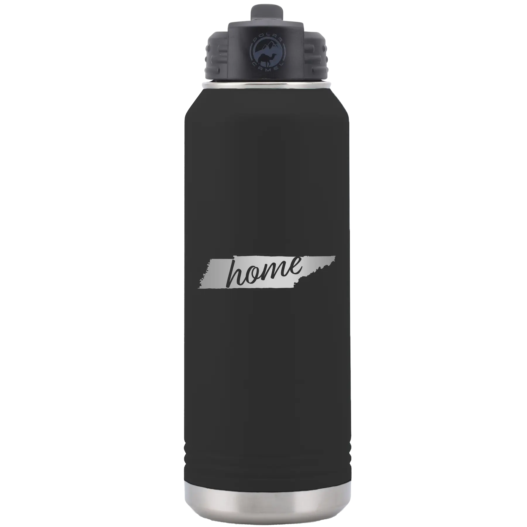 Laser etched black 32 oz vacuum insulated water bottle with 'Tennessee Home' design