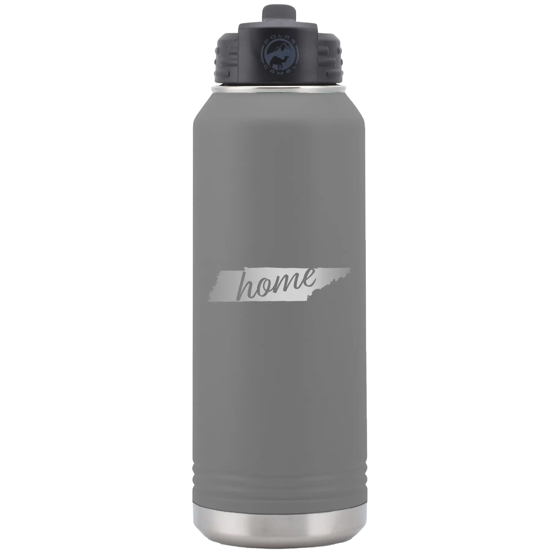 Laser etched dark gray 32 oz vacuum insulated water bottle with 'Tennessee Home' design