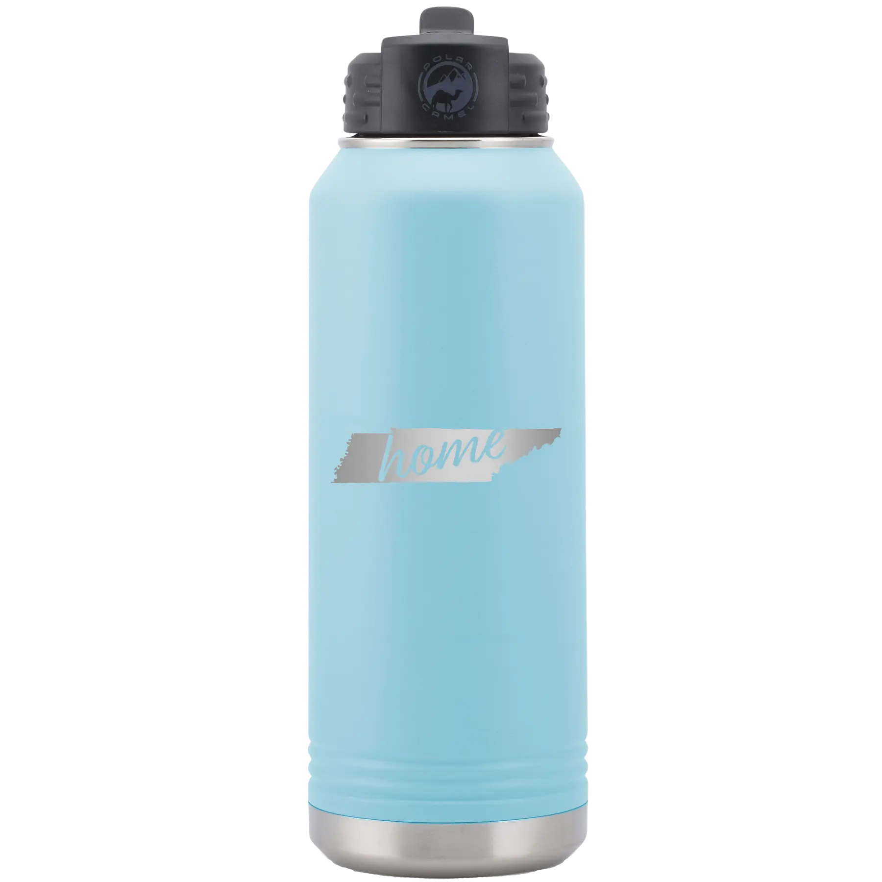 Laser etched light blue 32 oz vacuum insulated water bottle with 'Tennessee Home' design