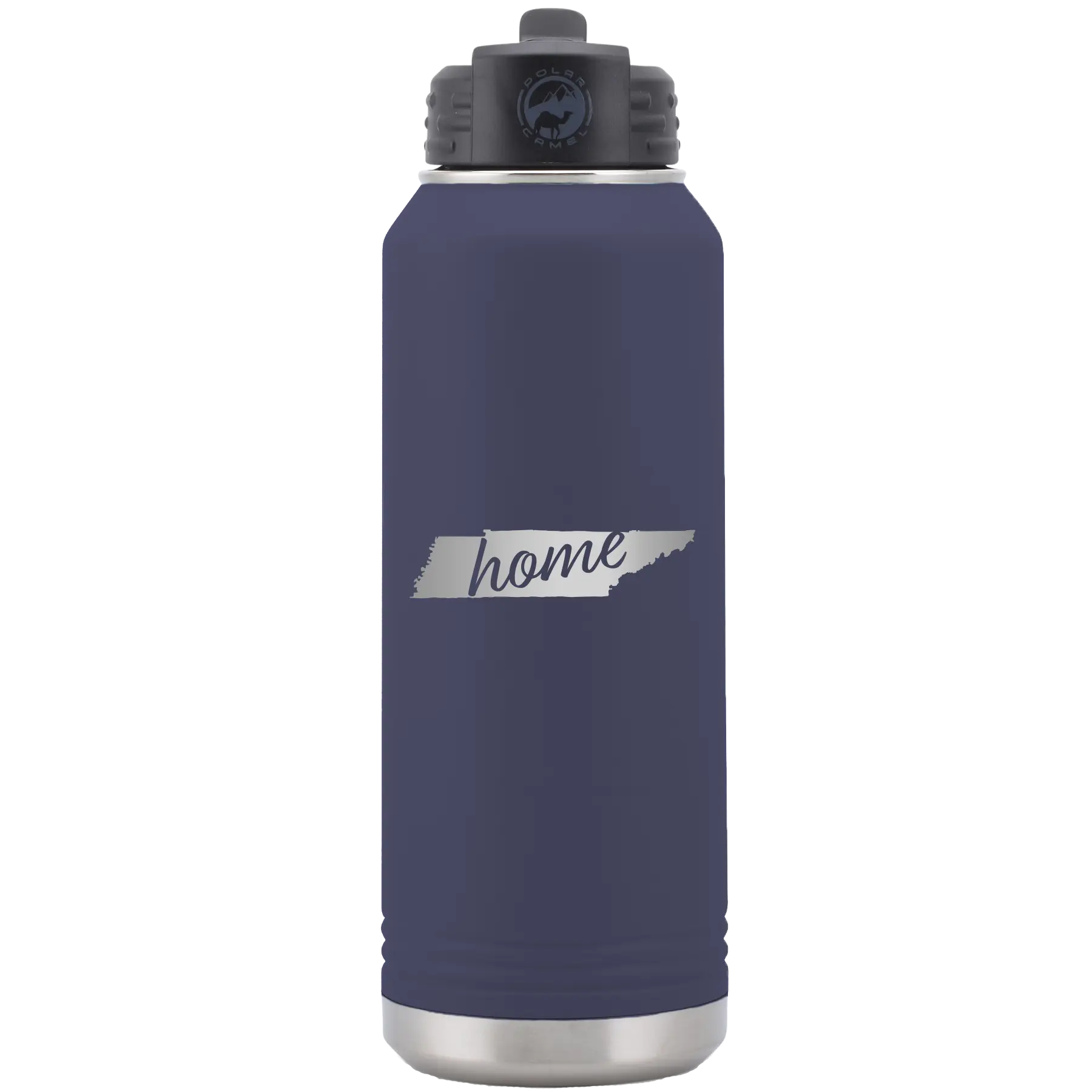 Laser etched navy 32 oz vacuum insulated water bottle with 'Tennessee Home' design