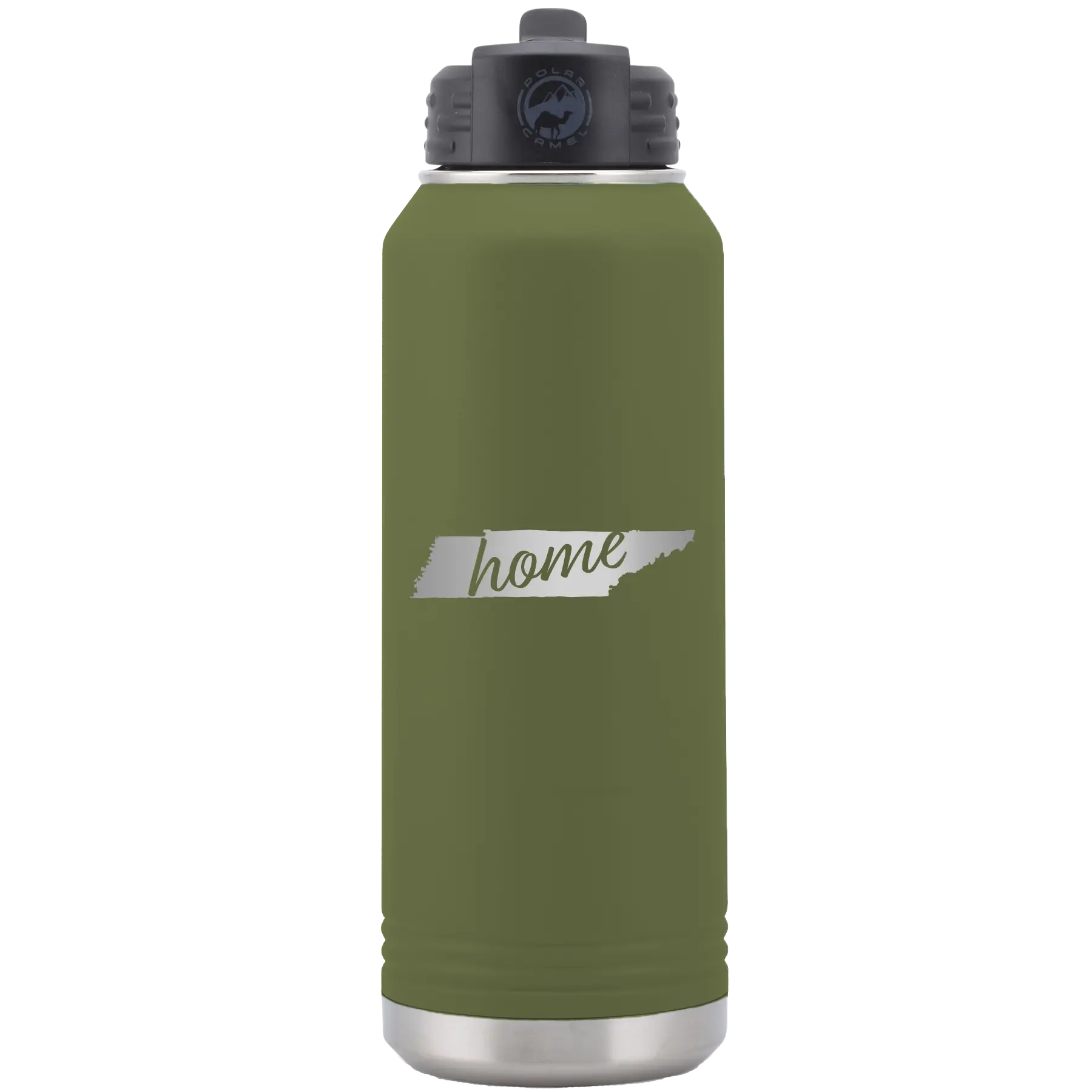 Laser etched olive green 32 oz vacuum insulated water bottle with 'Tennessee Home' design