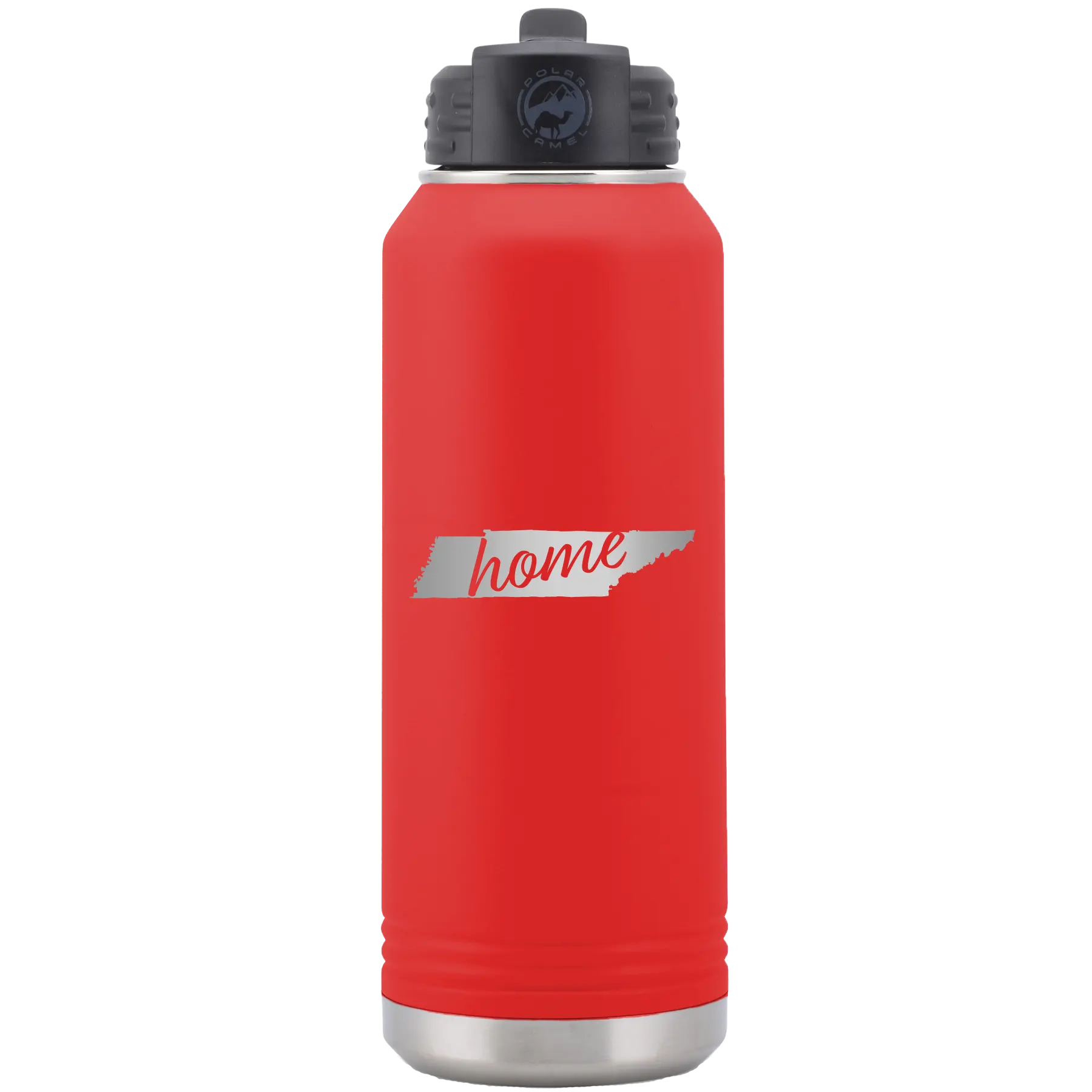 Laser etched red 32 oz vacuum insulated water bottle with 'Tennessee Home' design