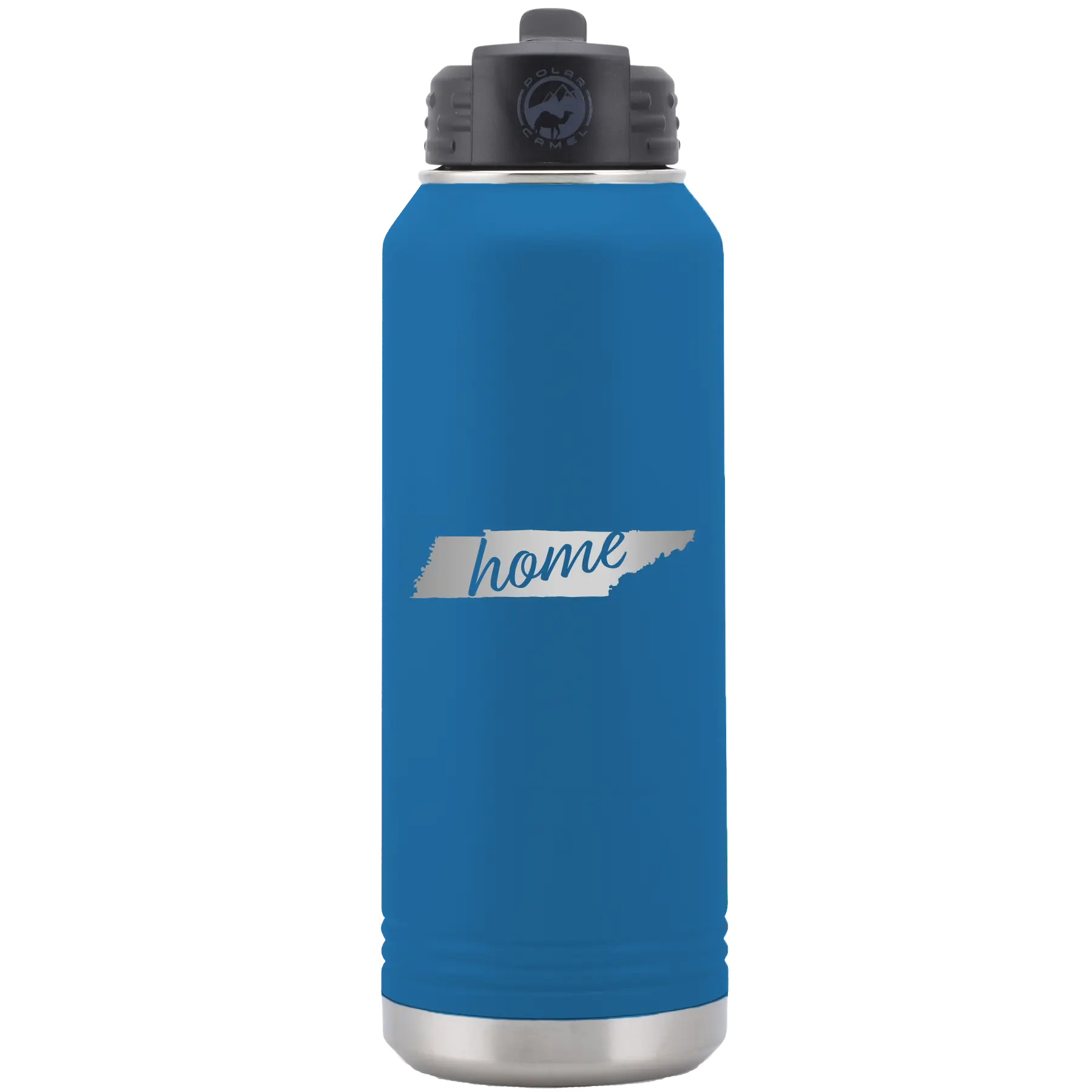 Laser etched royal blue 32 oz vacuum insulated water bottle with 'Tennessee Home' design