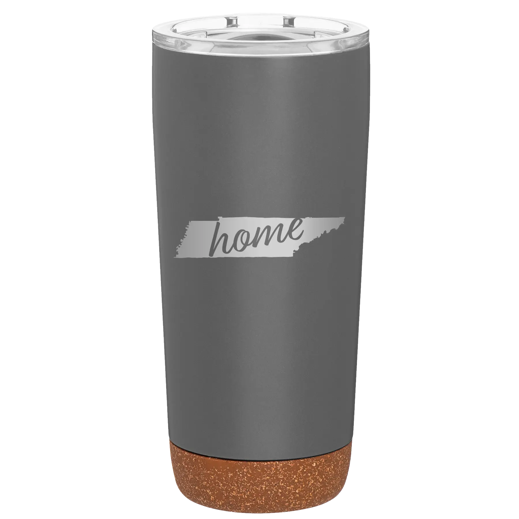 Laser etched storm gray 20 oz vacuum insulated tumbler with 'Tennessee Home' design