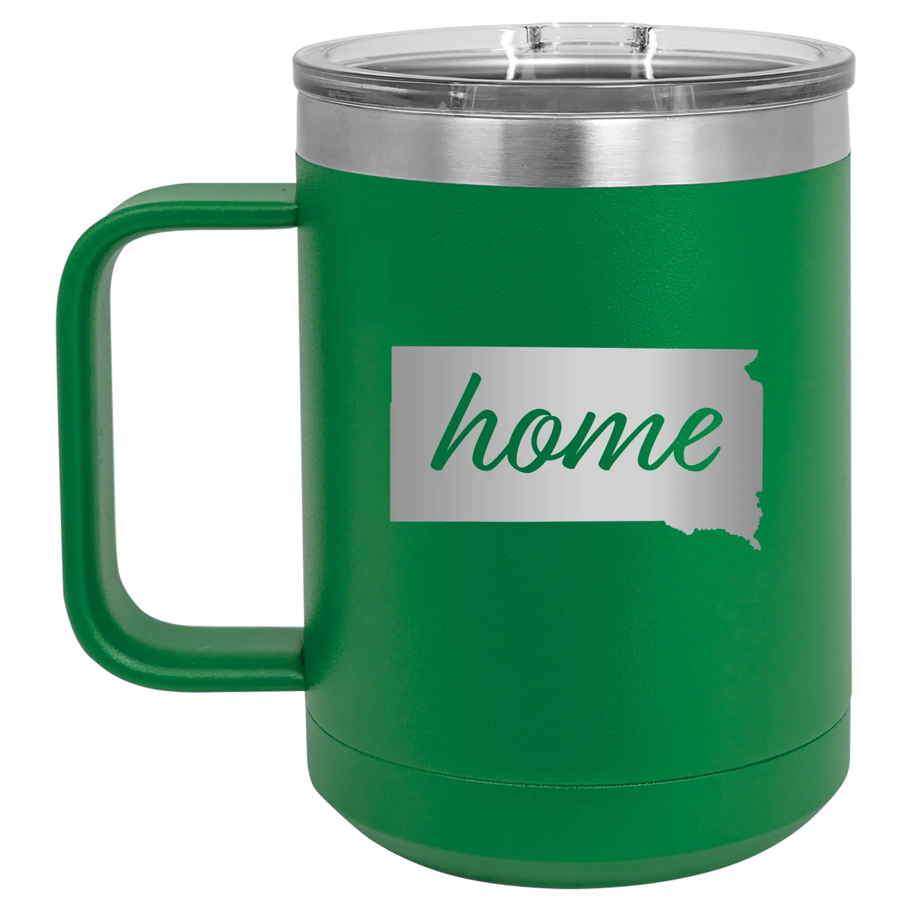 Laser etched green 15 oz vacuum insulated coffee mug with 'South Dakota Home' design