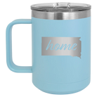 Laser etched light blue 15 oz vacuum insulated coffee mug with 'South Dakota Home' design