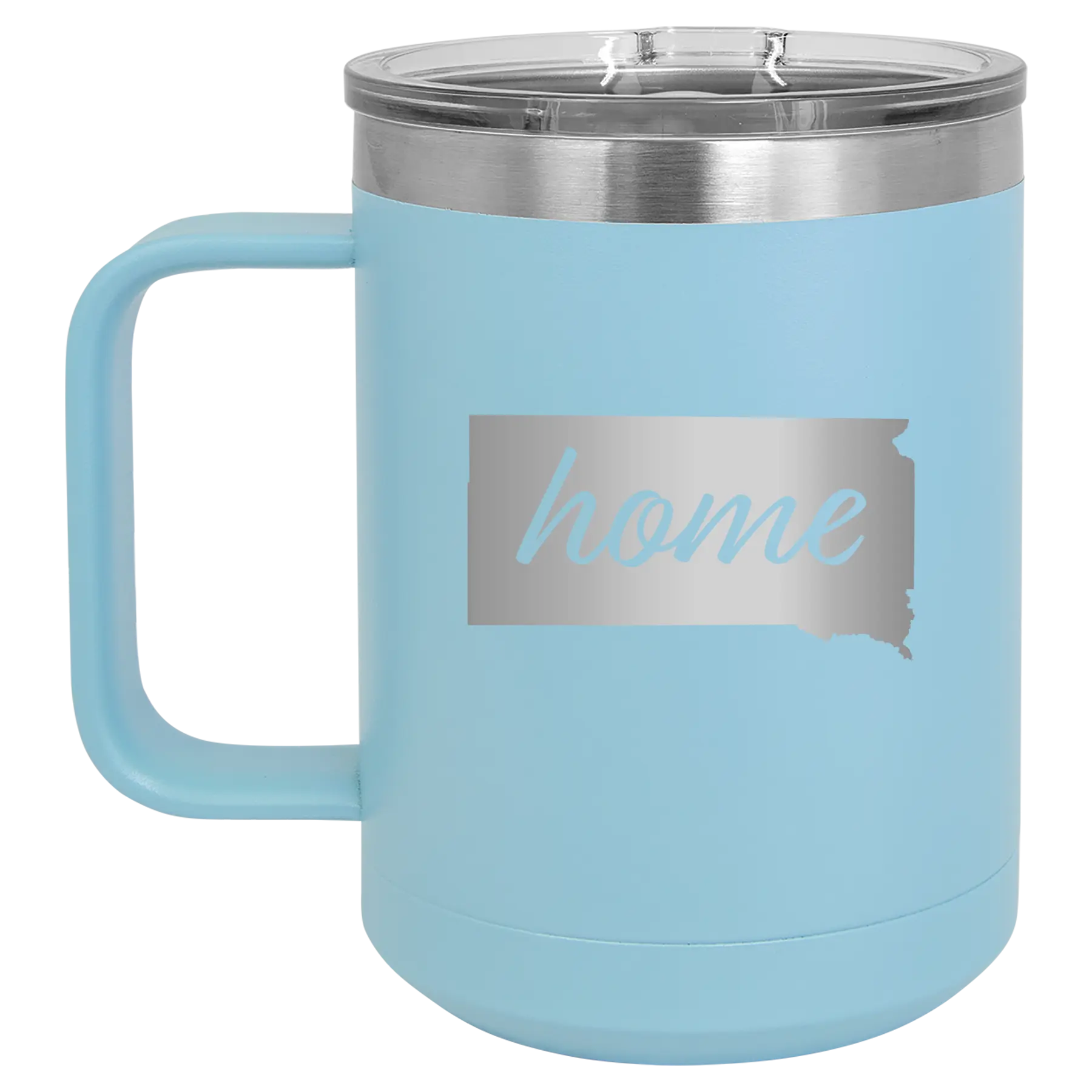 Laser etched light blue 15 oz vacuum insulated coffee mug with 'South Dakota Home' design