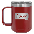 Laser etched maroon 15 oz vacuum insulated coffee mug with 'South Dakota Home' design