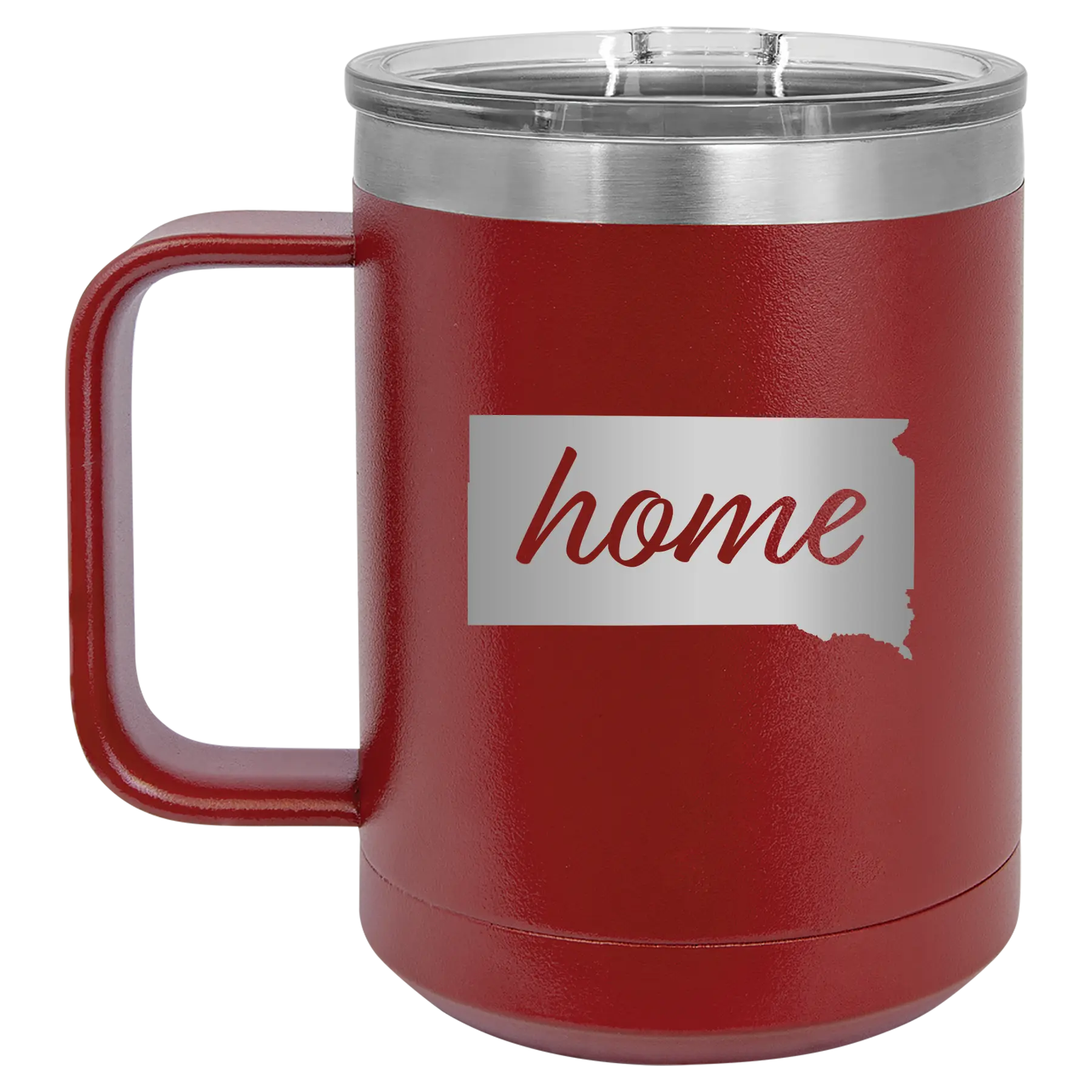 Laser etched maroon 15 oz vacuum insulated coffee mug with 'South Dakota Home' design