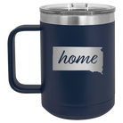 Laser etched navy 15 oz vacuum insulated coffee mug with 'South Dakota Home' design