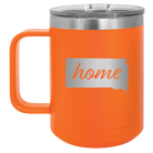 Laser etched orange 15 oz vacuum insulated coffee mug with 'South Dakota Home' design