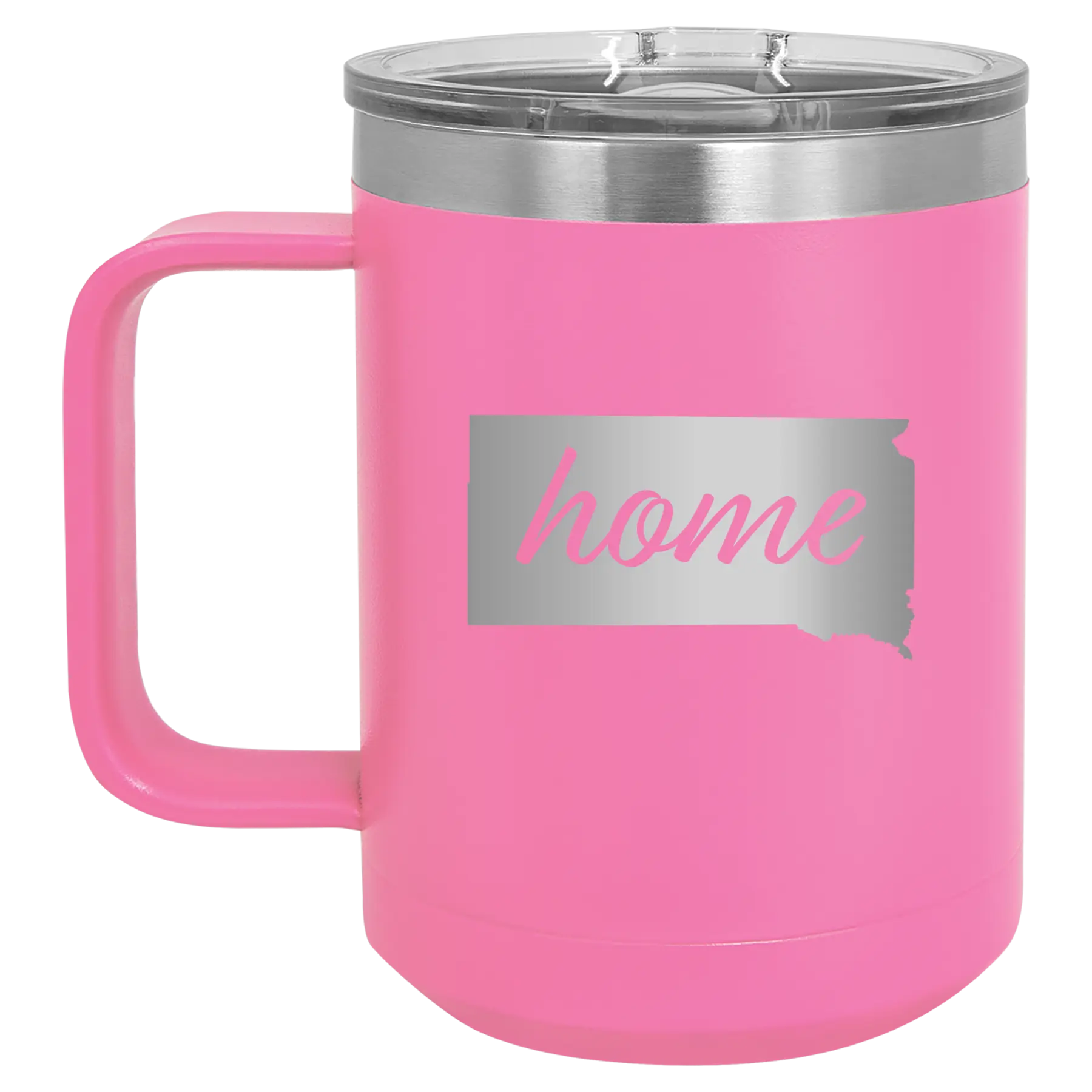 Laser etched pink 15 oz vacuum insulated coffee mug with 'South Dakota Home' design