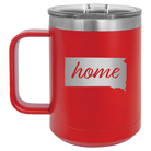 Laser etched red 15 oz vacuum insulated coffee mug with 'South Dakota Home' design