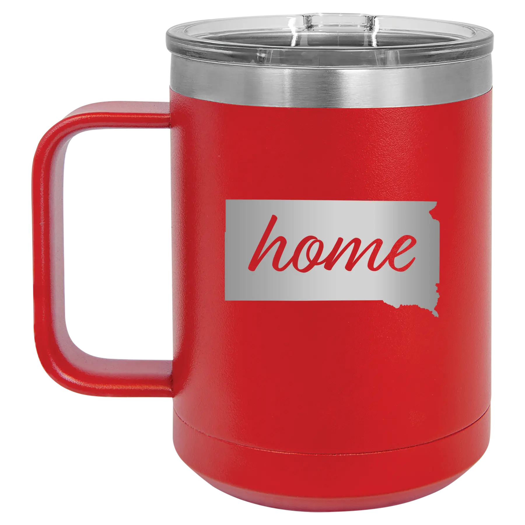 Laser etched red 15 oz vacuum insulated coffee mug with 'South Dakota Home' design