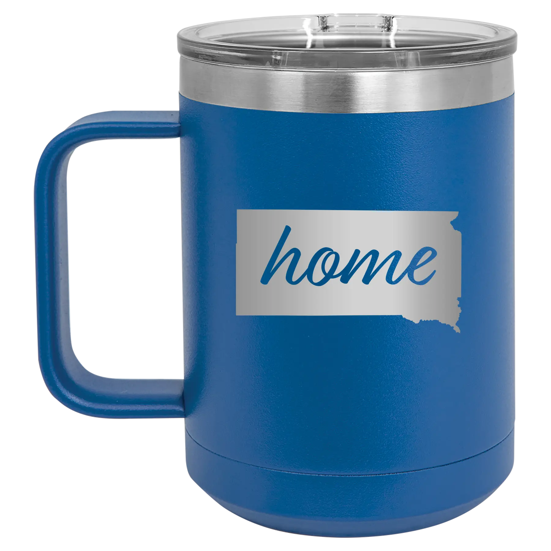 Laser etched royal blue 15 oz vacuum insulated coffee mug with 'South Dakota Home' design