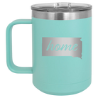 Laser etched teal 15 oz vacuum insulated coffee mug with 'South Dakota Home' design