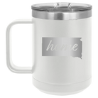 Laser etched white 15 oz vacuum insulated coffee mug with 'South Dakota Home' design