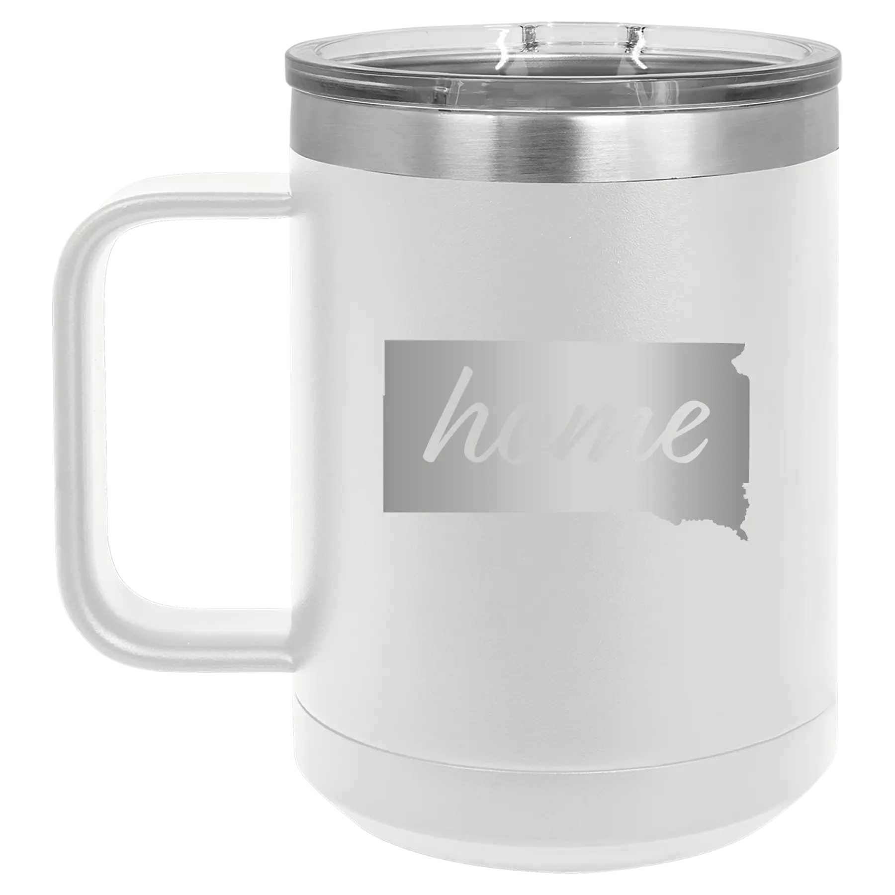 Laser etched white 15 oz vacuum insulated coffee mug with 'South Dakota Home' design