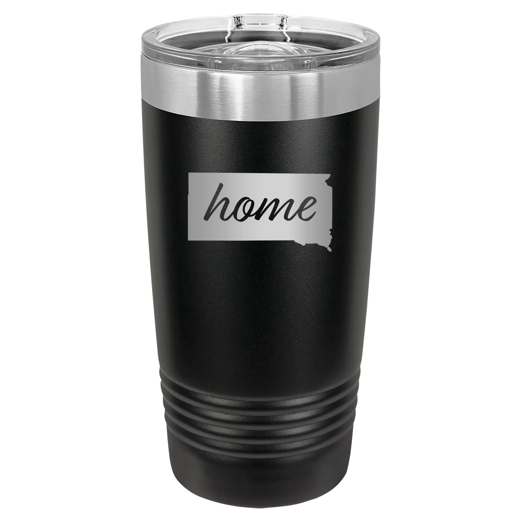 Laser etched black 20 oz vacuum insulated tumbler with 'South Dakota Home' design