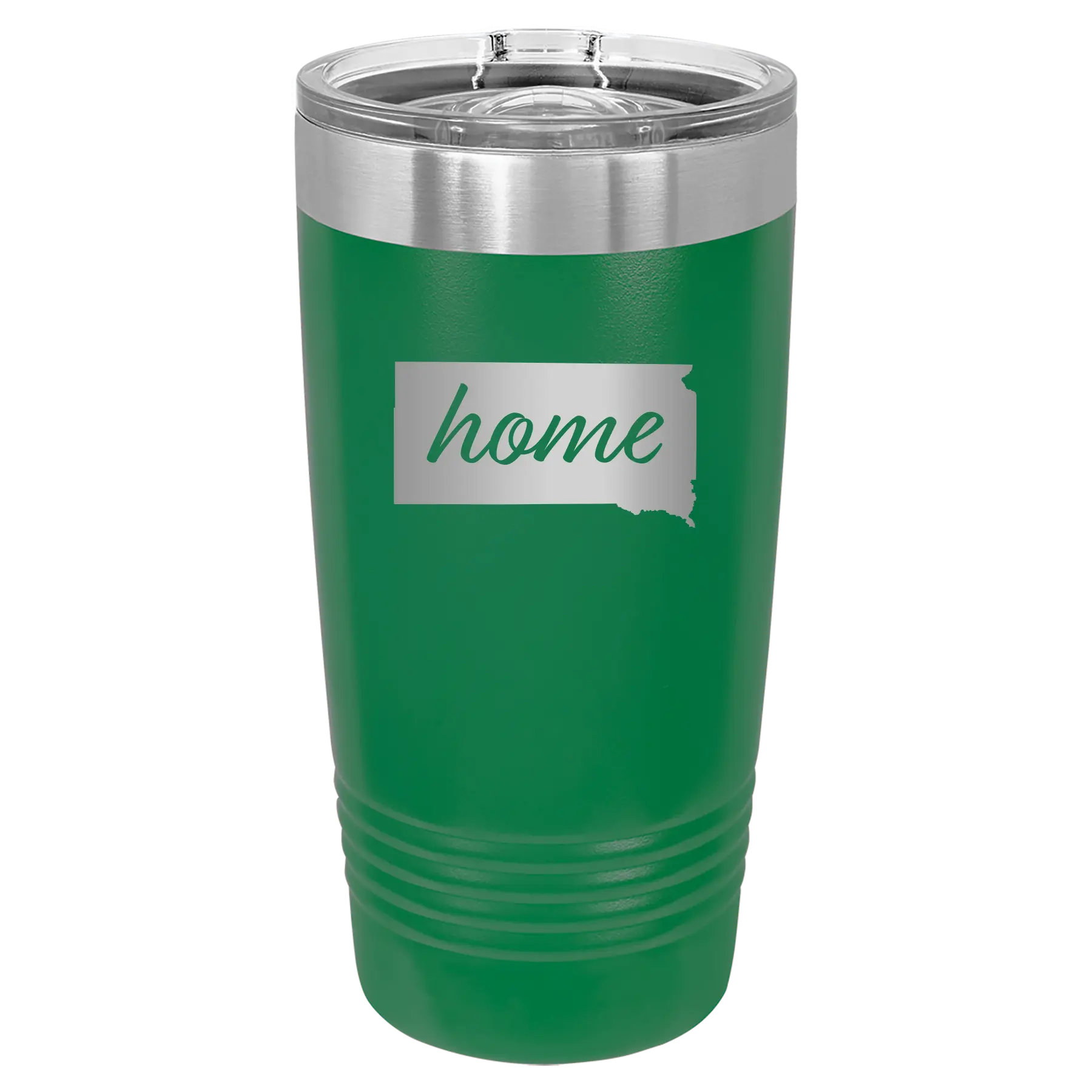 Laser etched green 20 oz vacuum insulated tumbler with 'South Dakota Home' design