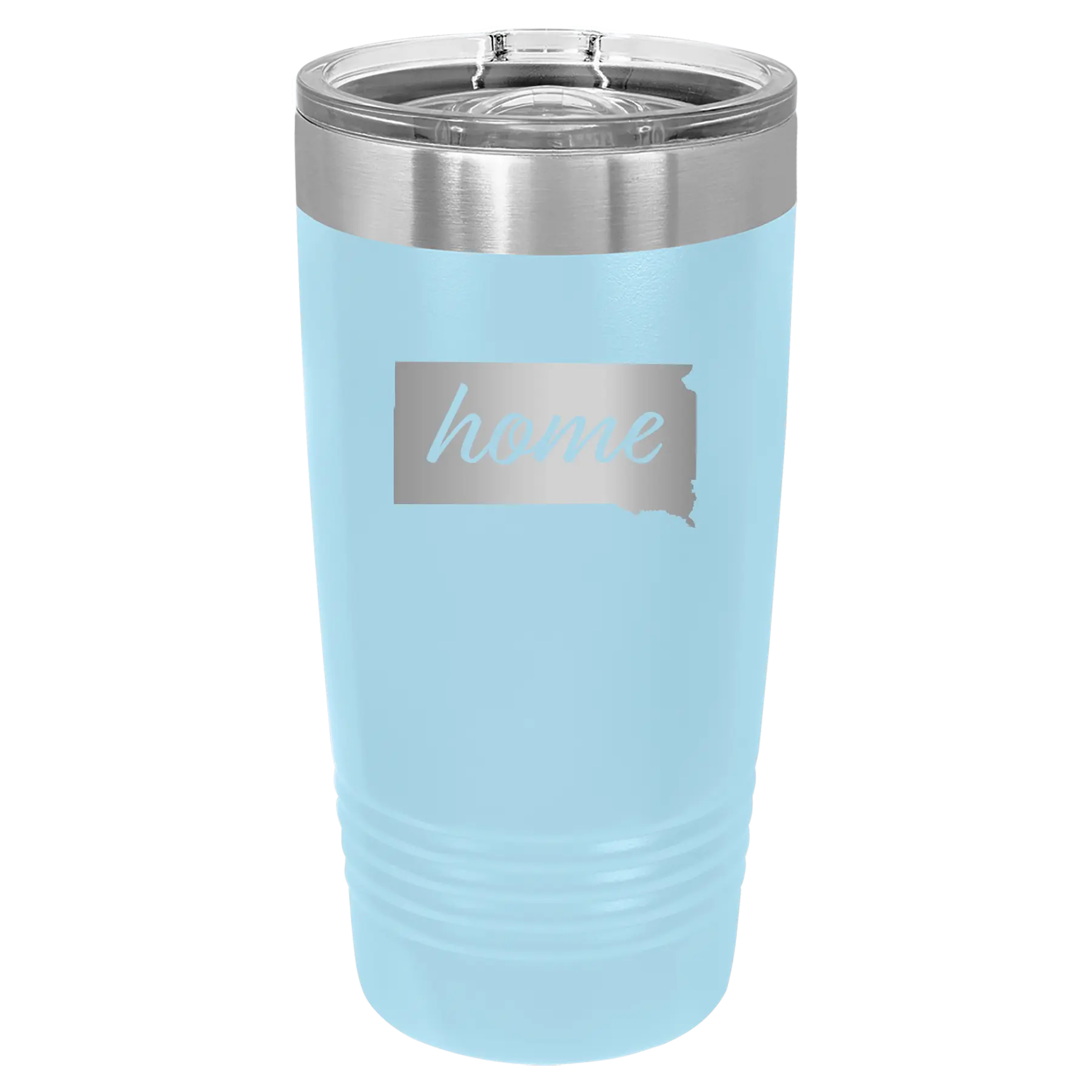 Laser etched light blue 20 oz vacuum insulated tumbler with 'South Dakota Home' design