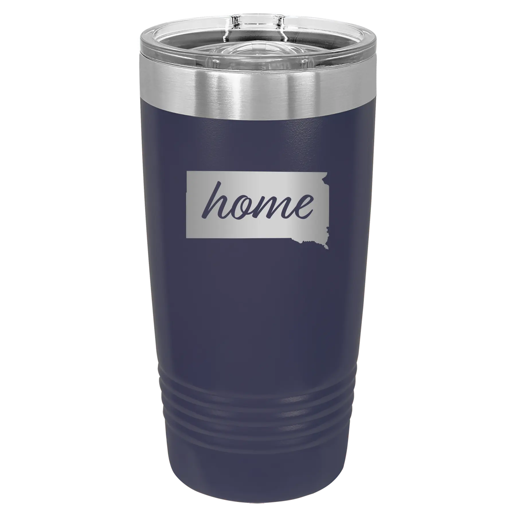 Laser etched navy 20 oz vacuum insulated tumbler with 'South Dakota Home' design