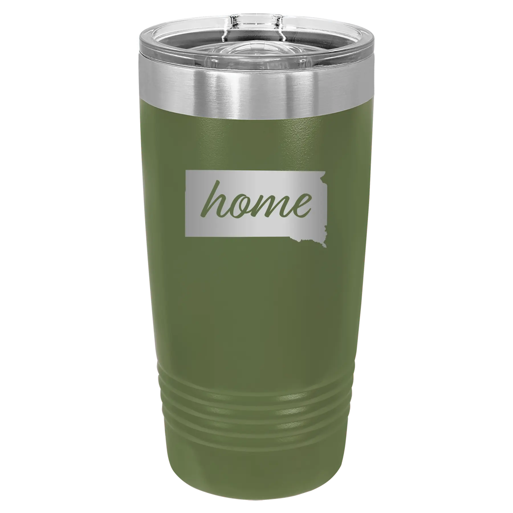 Laser etched olive green 20 oz vacuum insulated tumbler with 'South Dakota Home' design