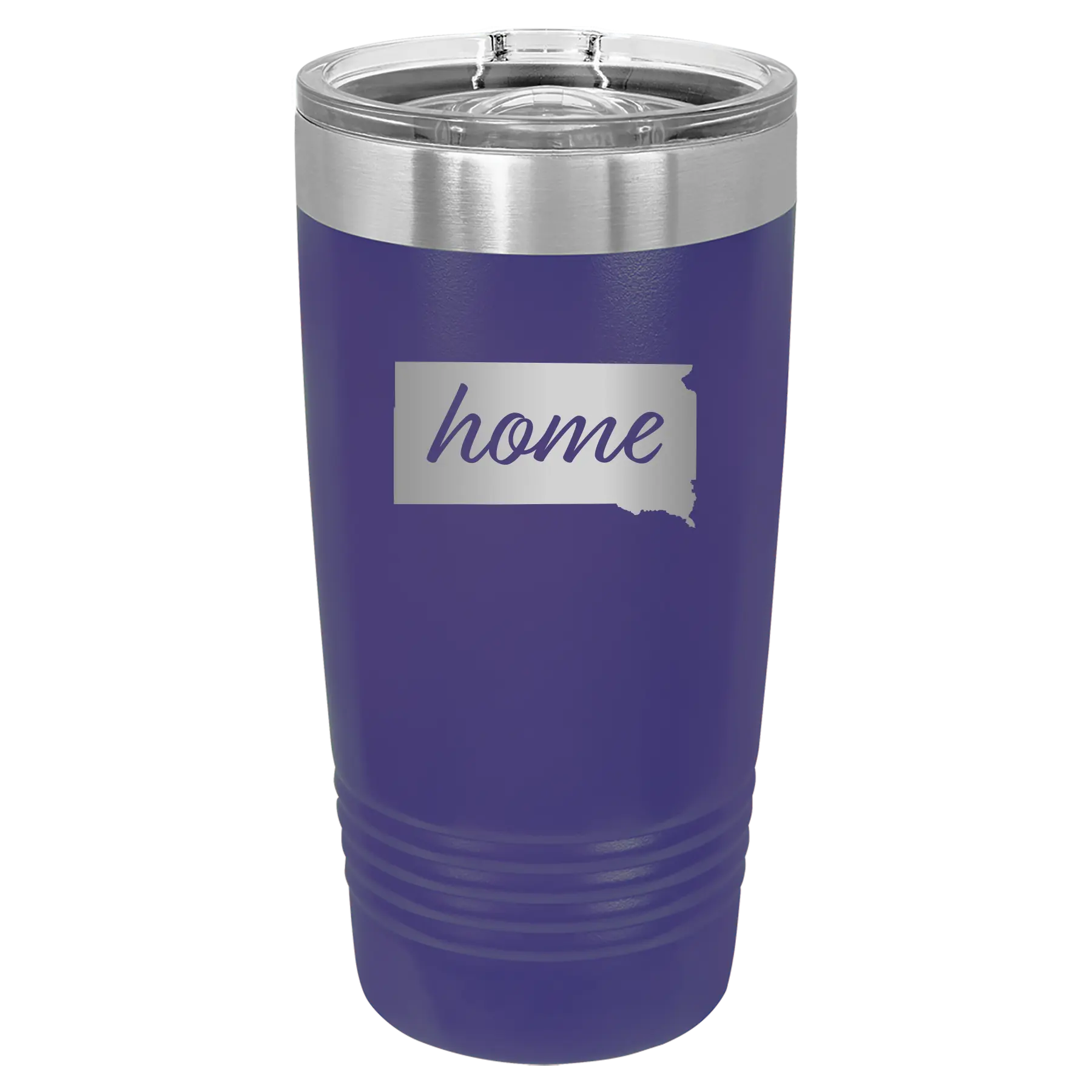 Laser etched purple 20 oz vacuum insulated tumbler with 'South Dakota Home' design
