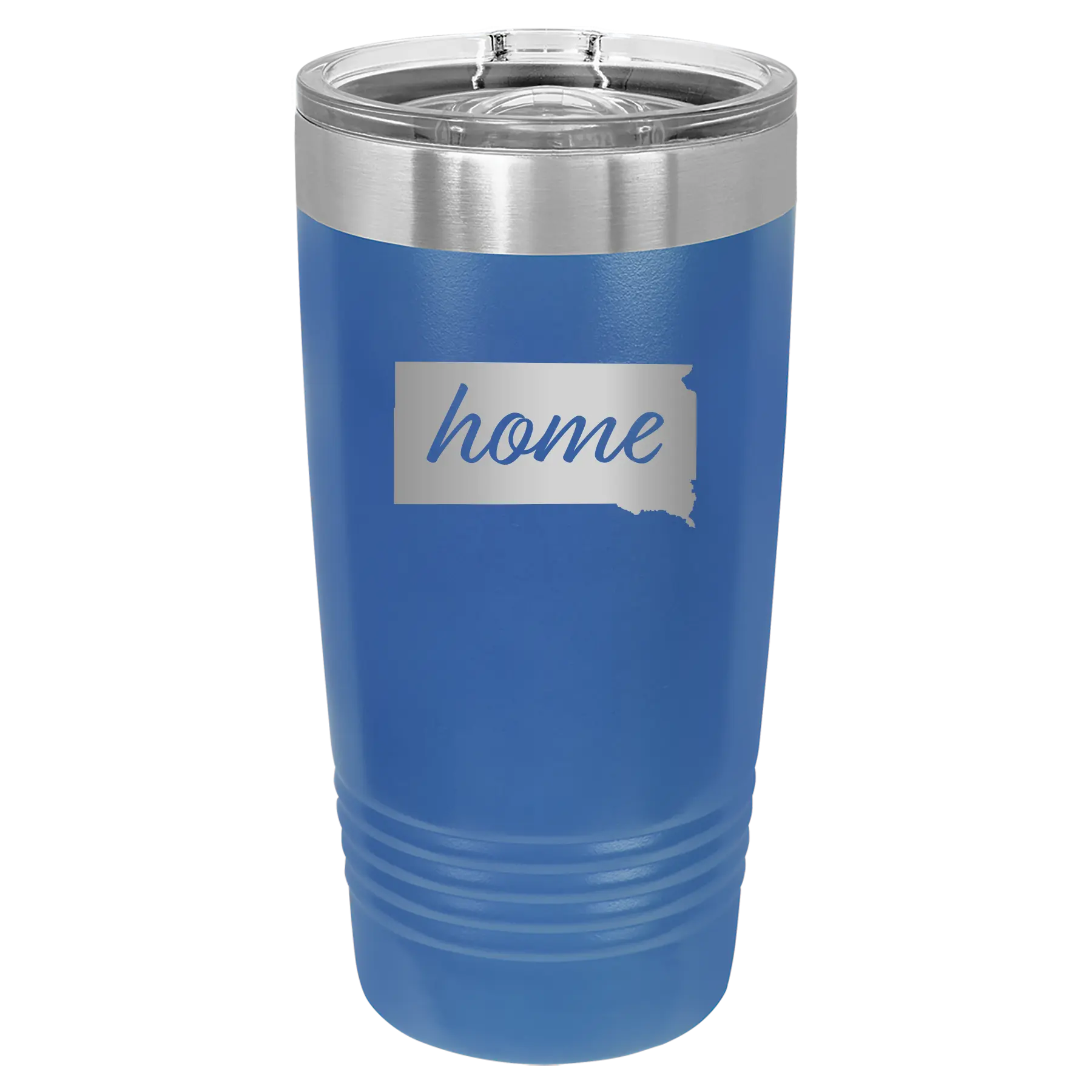 Laser etched royal blue 20 oz vacuum insulated tumbler with 'South Dakota Home' design
