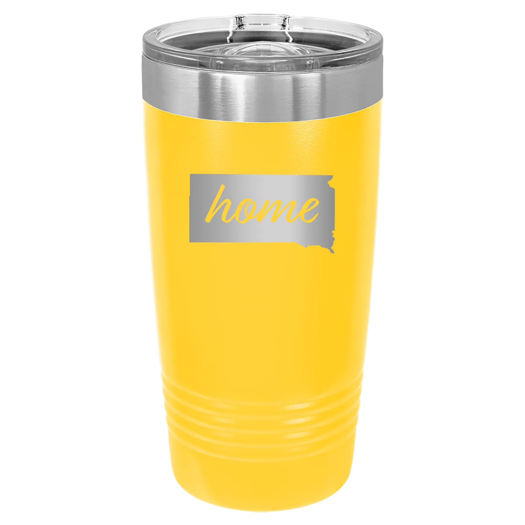 Laser etched yellow 20 oz vacuum insulated tumbler with 'South Dakota Home' design