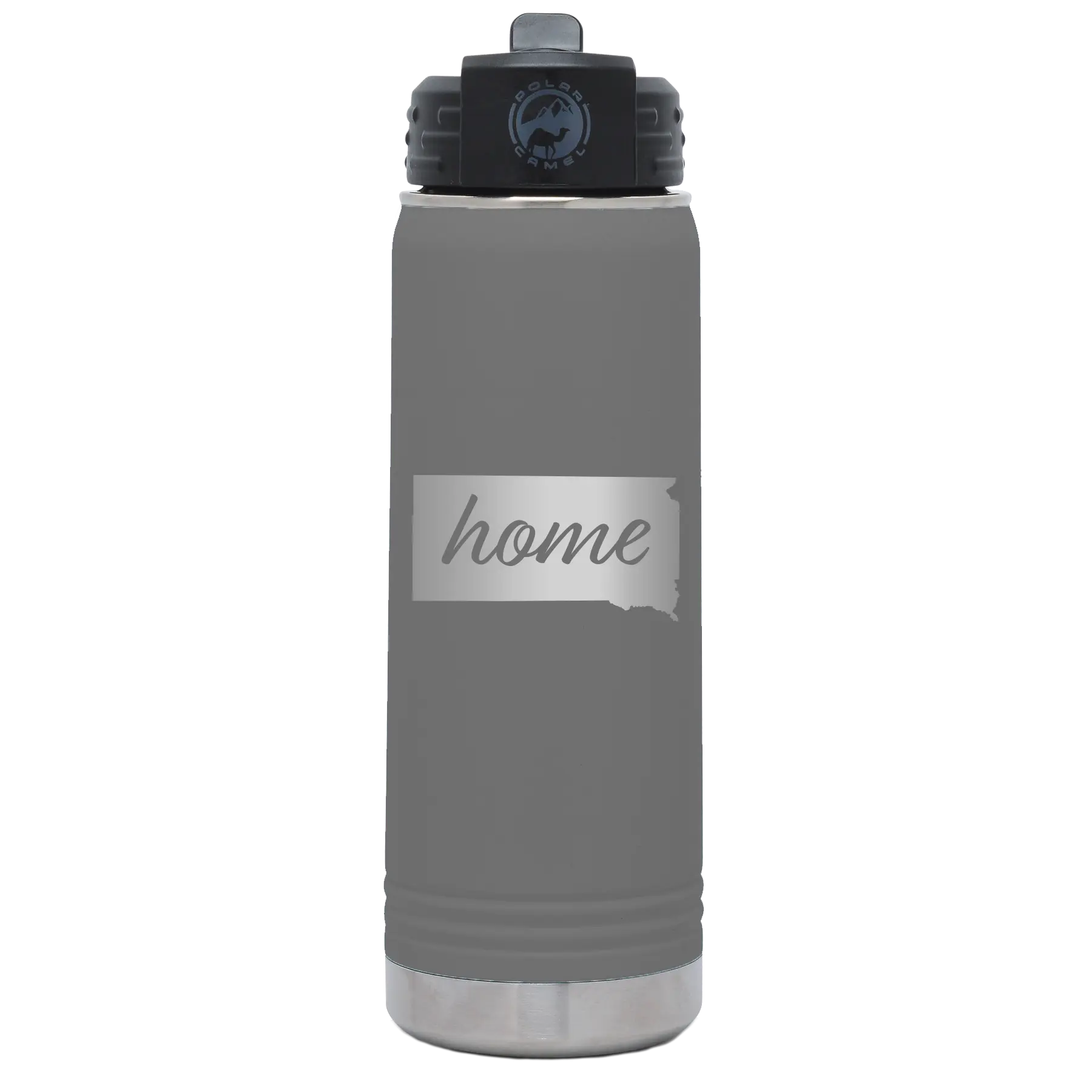 Laser etched dark gray 20 oz vacuum insulated water bottle with 'South Dakota Home' design