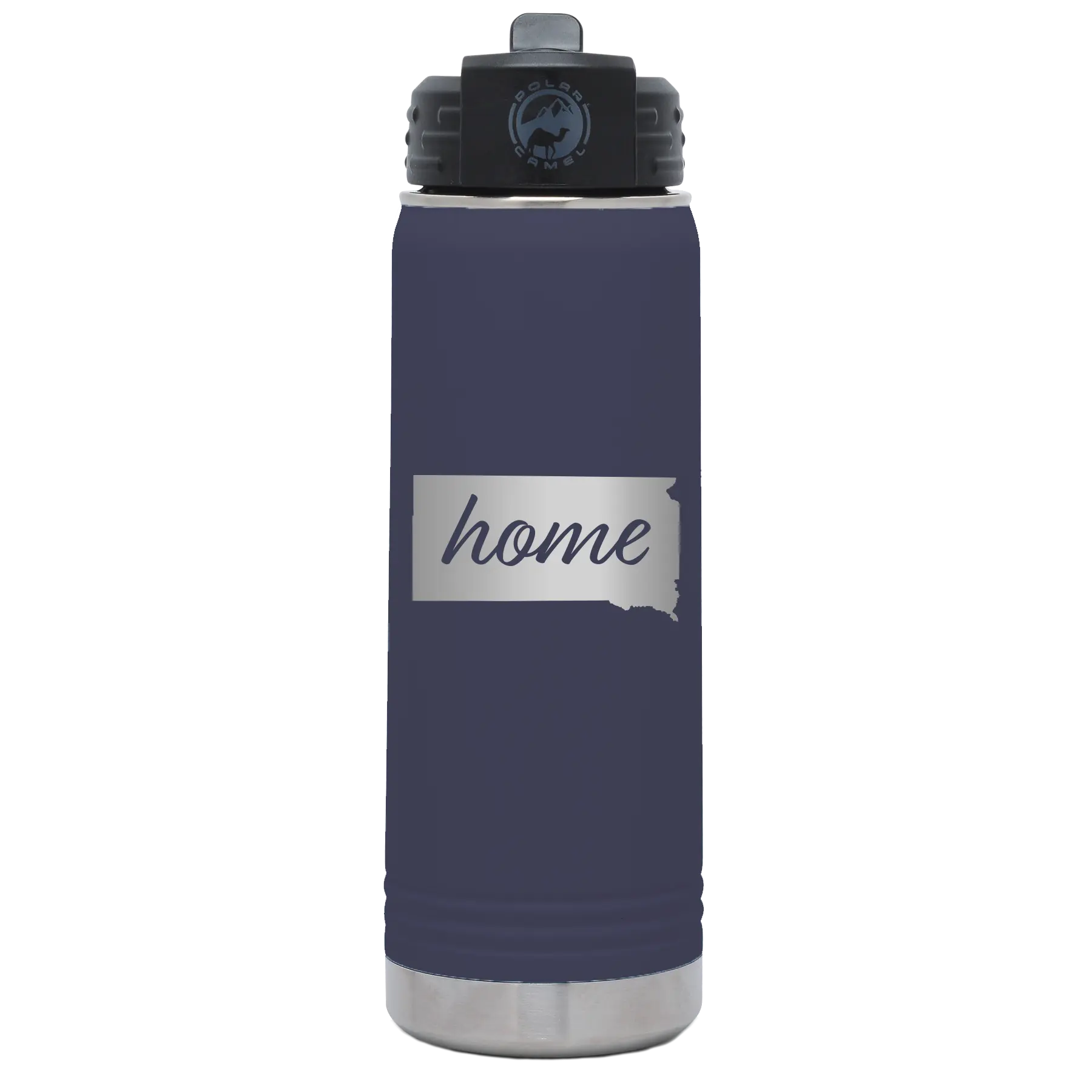 Laser etched navy 20 oz vacuum insulated water bottle with 'South Dakota Home' design