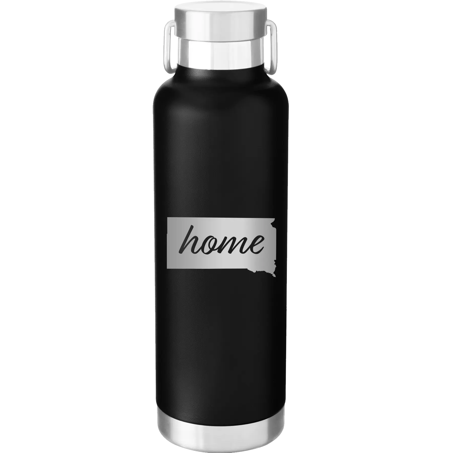 Laser etched black 24 oz vacuum insulated water bottle with 'South Dakota Home' design