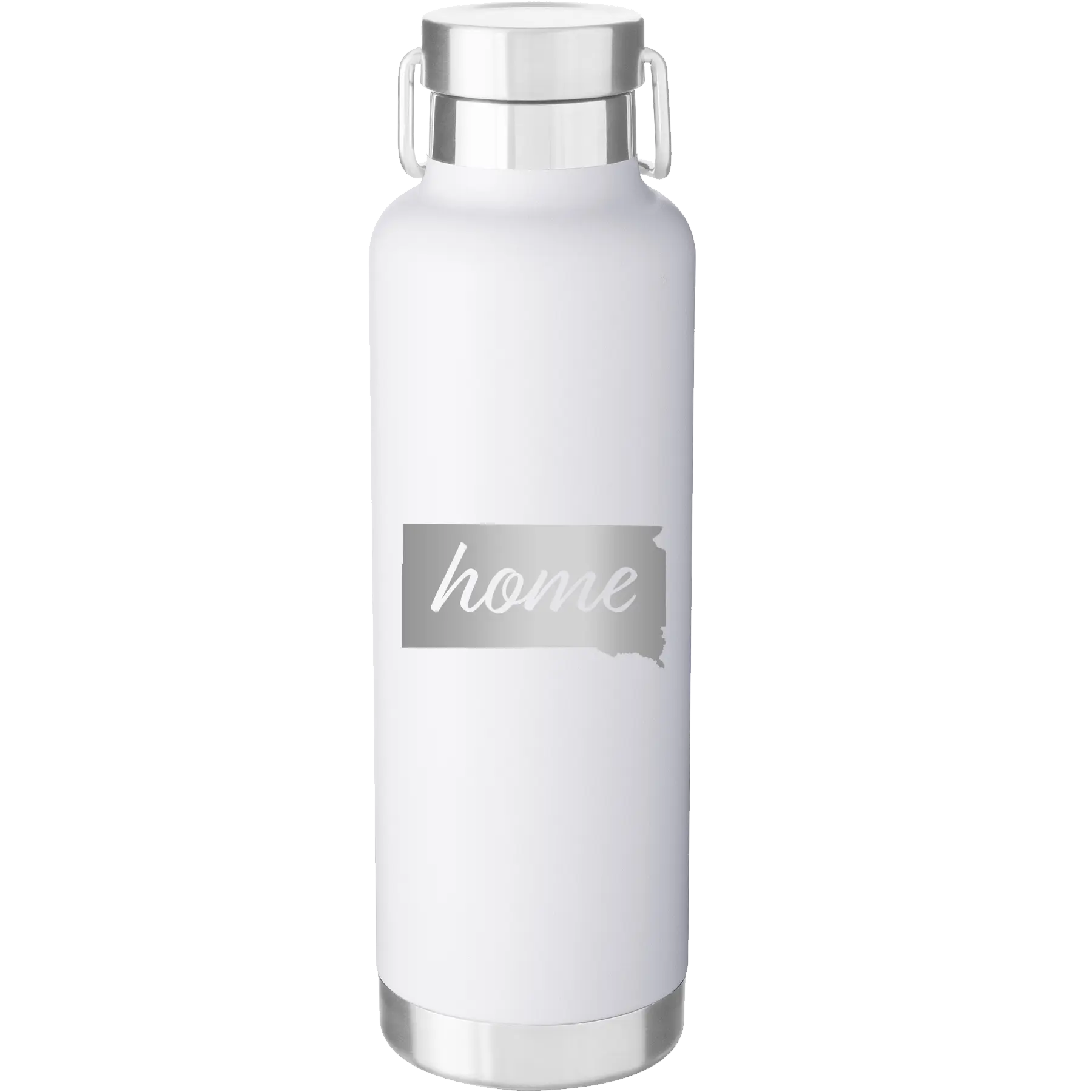 Laser etched white 24 oz vacuum insulated water bottle with 'South Dakota Home' design