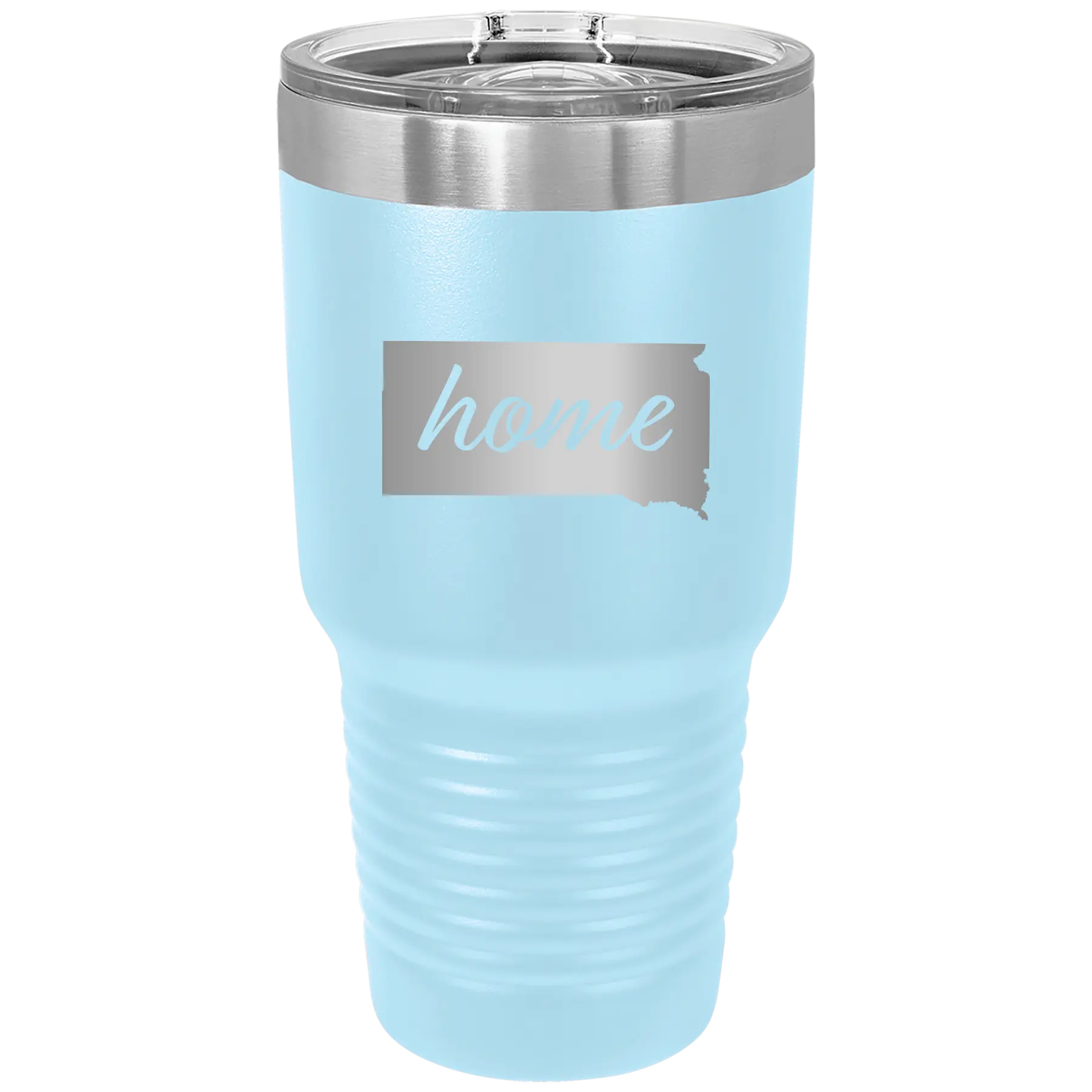 Laser etched light blue 30 oz vacuum insulated tumbler with 'South Dakota Home' design