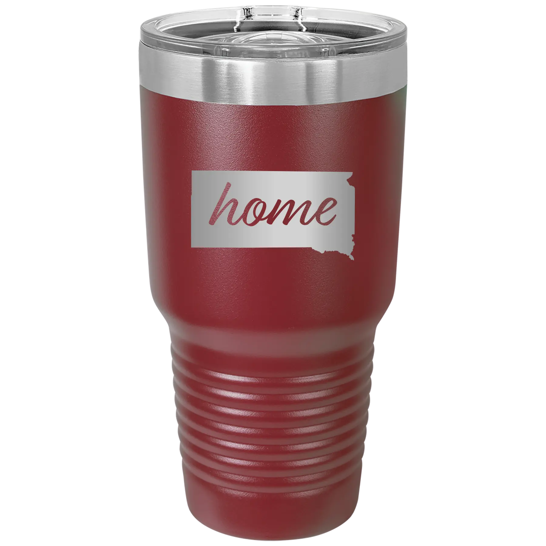 Laser etched maroon 30 oz vacuum insulated tumbler with 'South Dakota Home' design